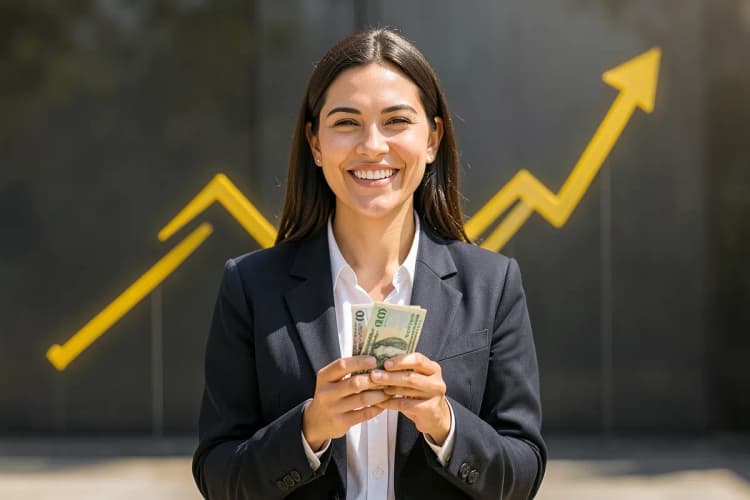 Mulher sorrindo com dinheiro em mãos e gráficos de crescimento subindo.