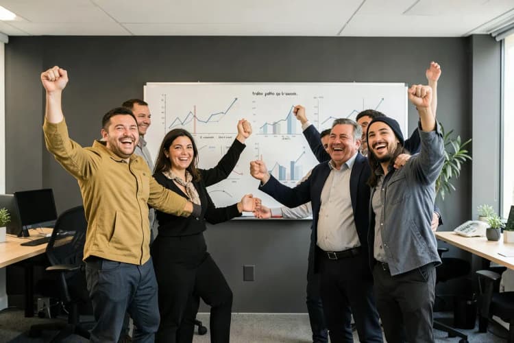 Equipe celebrando sucesso em frente a um quadro com gráficos e métricas de tráfego pago.