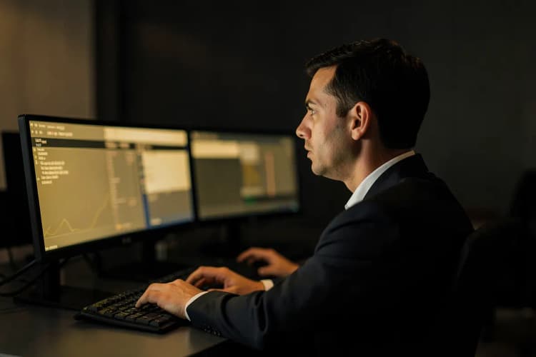 Profissional de gestão de tráfego analisando dados em múltiplos monitores.
