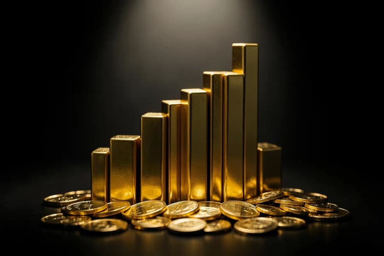 Um gráfico de barras ascendente com moedas de ouro ao lado.