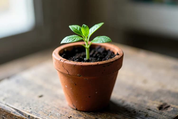 Uma planta crescendo em um vaso rachado, simbolizando a dificuldade em nutrir leads inativos.
