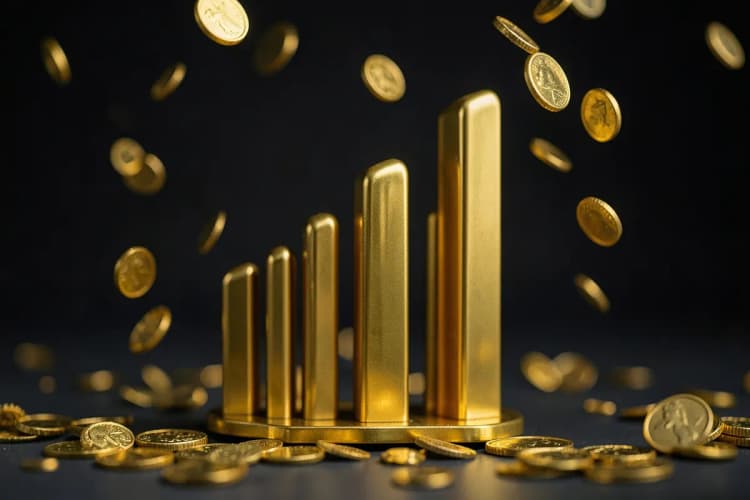 Um gráfico de barras ascendente com moedas de ouro caindo ao redor, representando o aumento de receita com gestão de tráfego pago.