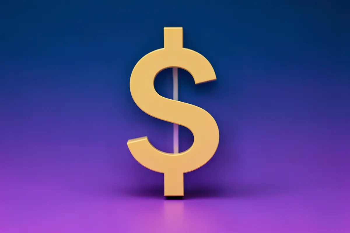Um ícone de rede social com um símbolo de dólar sobreposto, em um fundo gradiente azul e roxo.