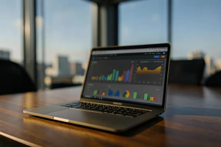 Um laptop exibindo um painel de anúncios com gráficos e números, em um ambiente de escritório.