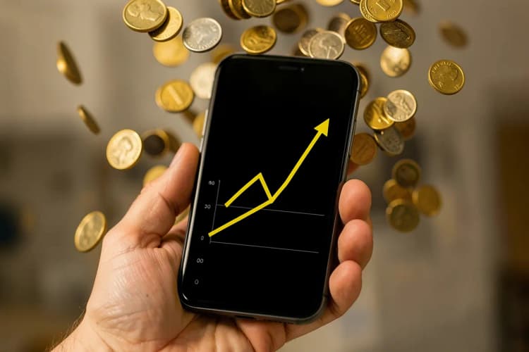 Uma mão segurando um smartphone exibindo um gráfico de crescimento, com moedas caindo ao redor.