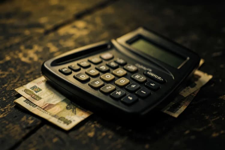 Uma calculadora e notas de dinheiro sobre um fundo de madeira escura.
