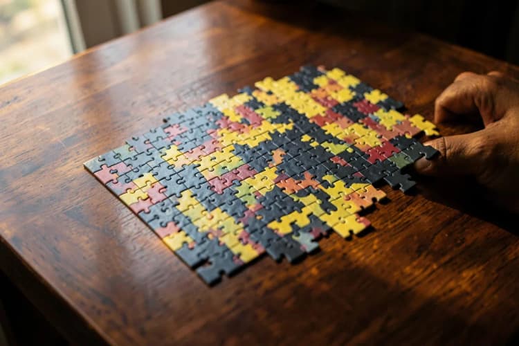Uma pessoa montando um quebra-cabeça complexo com peças coloridas.