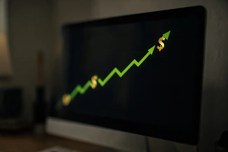 Tela de computador exibindo um gráfico de desempenho com setas verdes subindo e ícones de dólar.