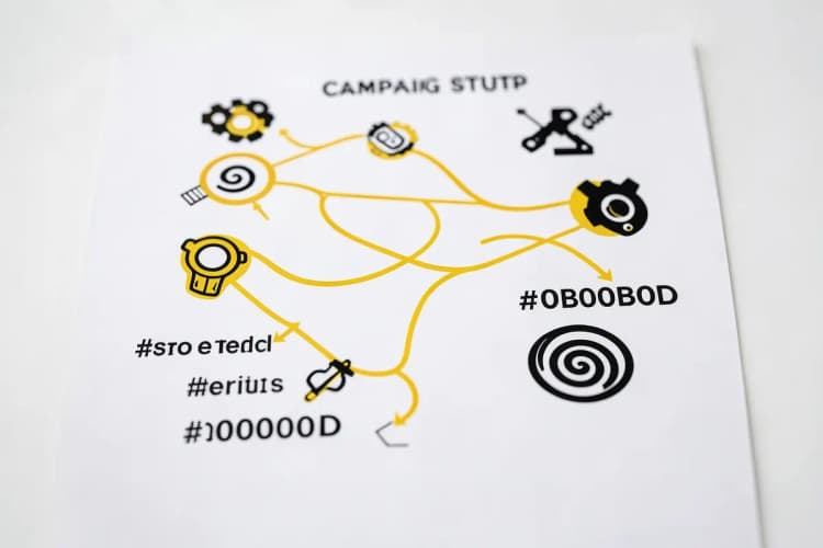 Diagrama de fluxo mostrando etapas de configuração de campanha com ícones de engrenagem e alvo.