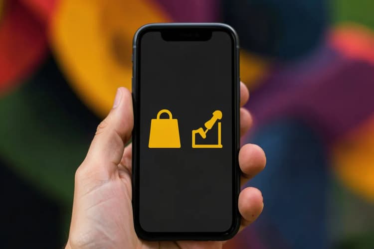 Ícones de sacolas de compras e gráficos de crescimento em um fundo de tela de celular.