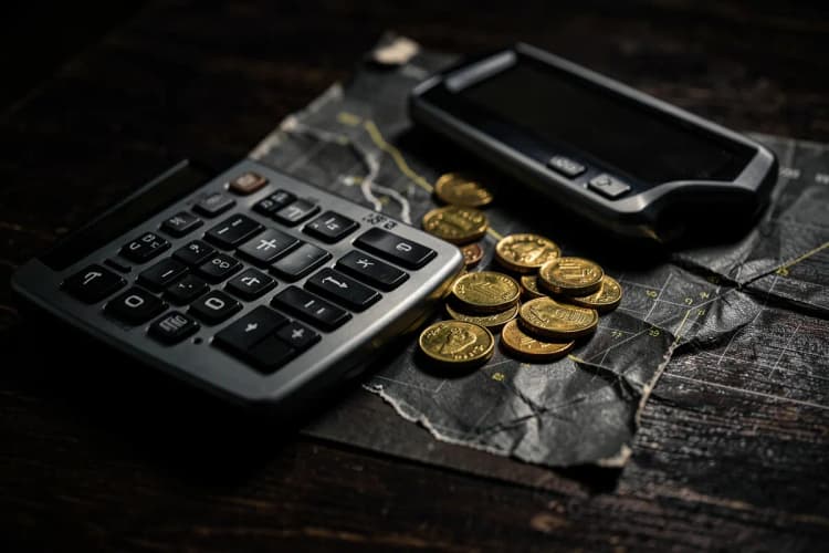 Calculadora e moedas de dinheiro dispostas sobre um gráfico financeiro.