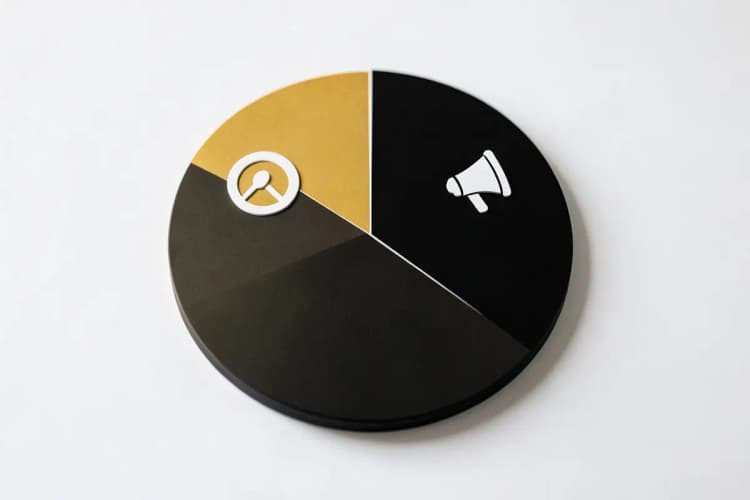 Gráfico de pizza mostrando divisão de orçamento com ícones de alvo e megafone.