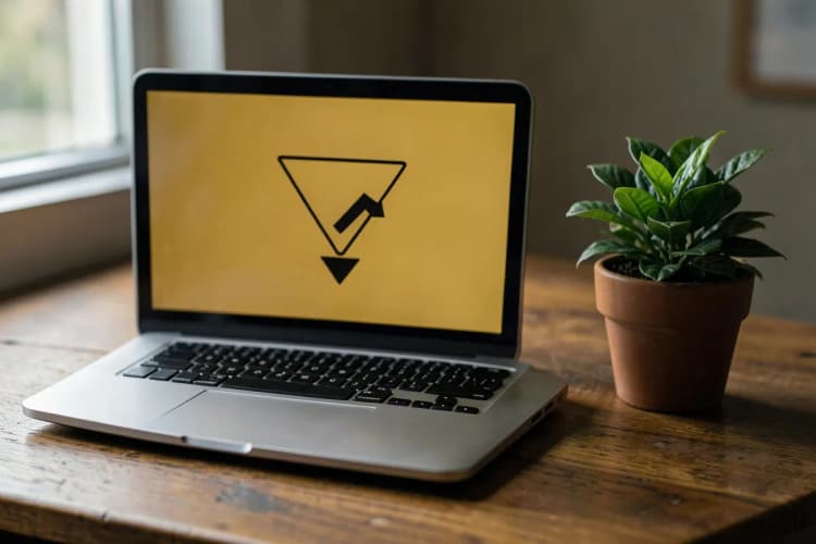 Um laptop exibindo um gráfico de funil de vendas com setas apontando para baixo, sobre uma mesa de madeira com um pequeno vaso de planta.