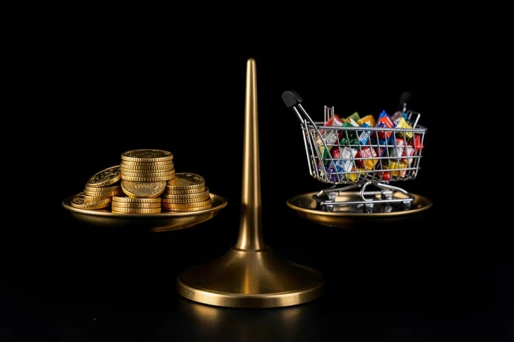 Uma balança com moedas de ouro de um lado e um carrinho de compras de e-commerce do outro, simbolizando custo.