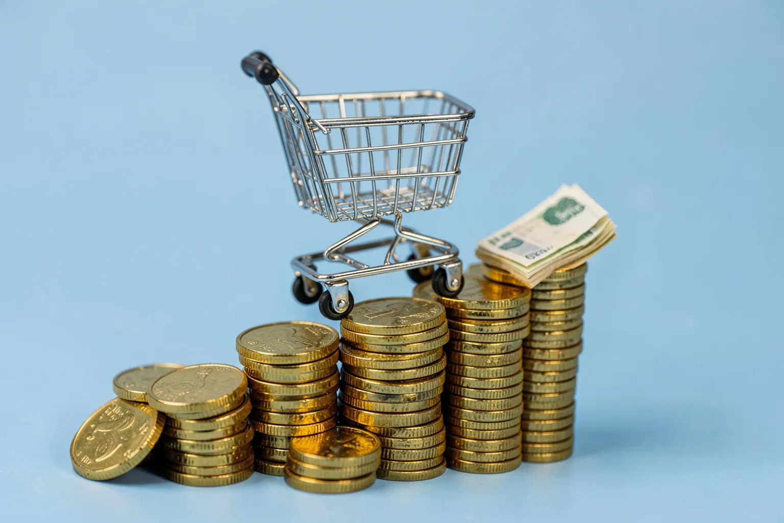 Um gráfico de barras ascendente feito de moedas de ouro e notas de dinheiro, com um pequeno carrinho de compras de e-commerce no topo, em um fundo azul claro.