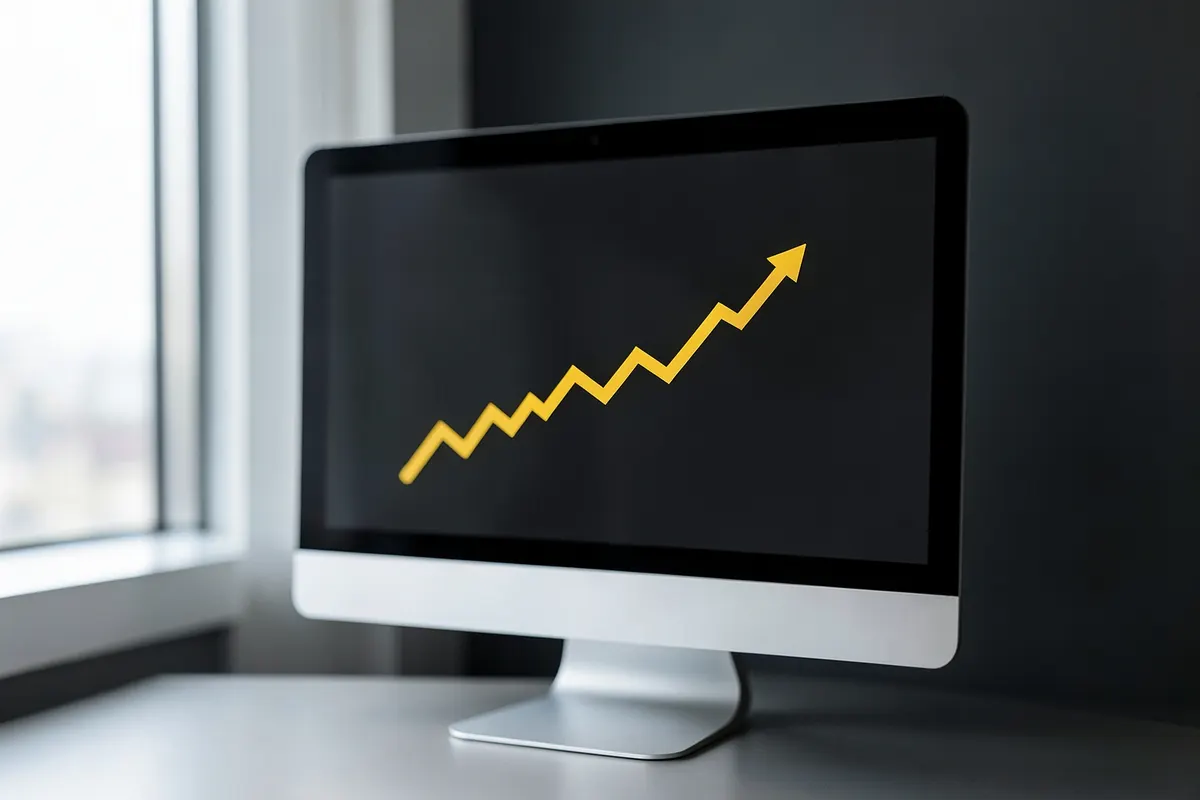 Um computador com um gráfico de linhas subindo na tela, simbolizando análise de dados e tráfego web, em um ambiente de escritório moderno.