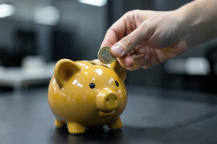 Uma mão colocando uma moeda em um cofrinho em forma de porquinho, simbolizando investimento em anúncios pagos.