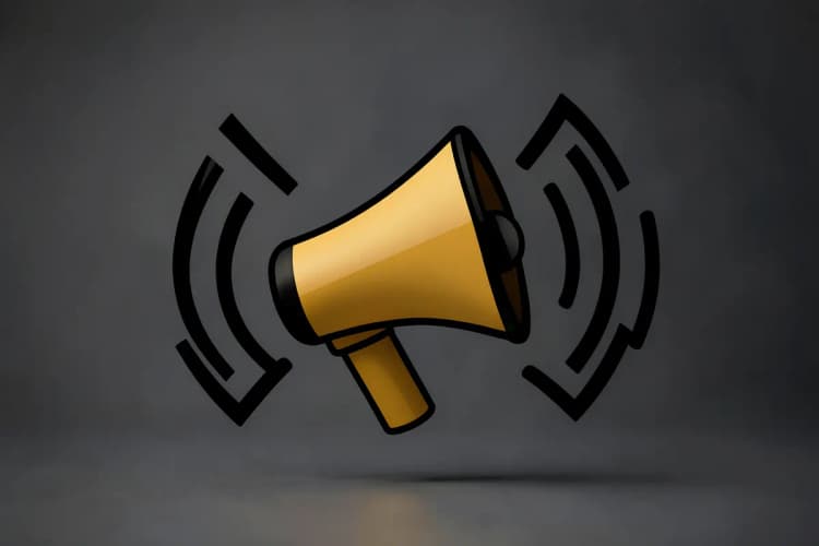 Um ícone de megafone emitindo ondas sonoras, simbolizando alcance e publicidade.