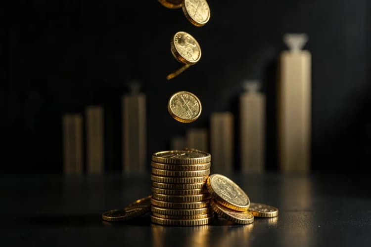 Gráfico de barras ascendente com moedas de ouro caindo ao redor, em fundo escuro com luz lateral.