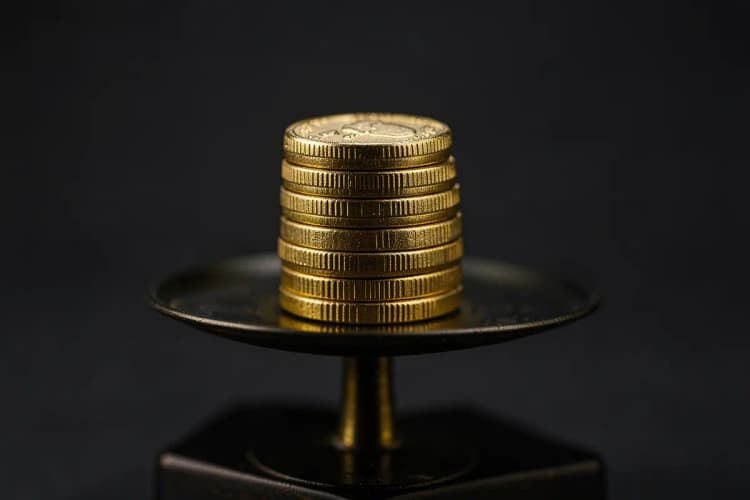 Uma pilha de moedas de ouro em cima de uma balança, com uma única moeda de ouro em cada prato.