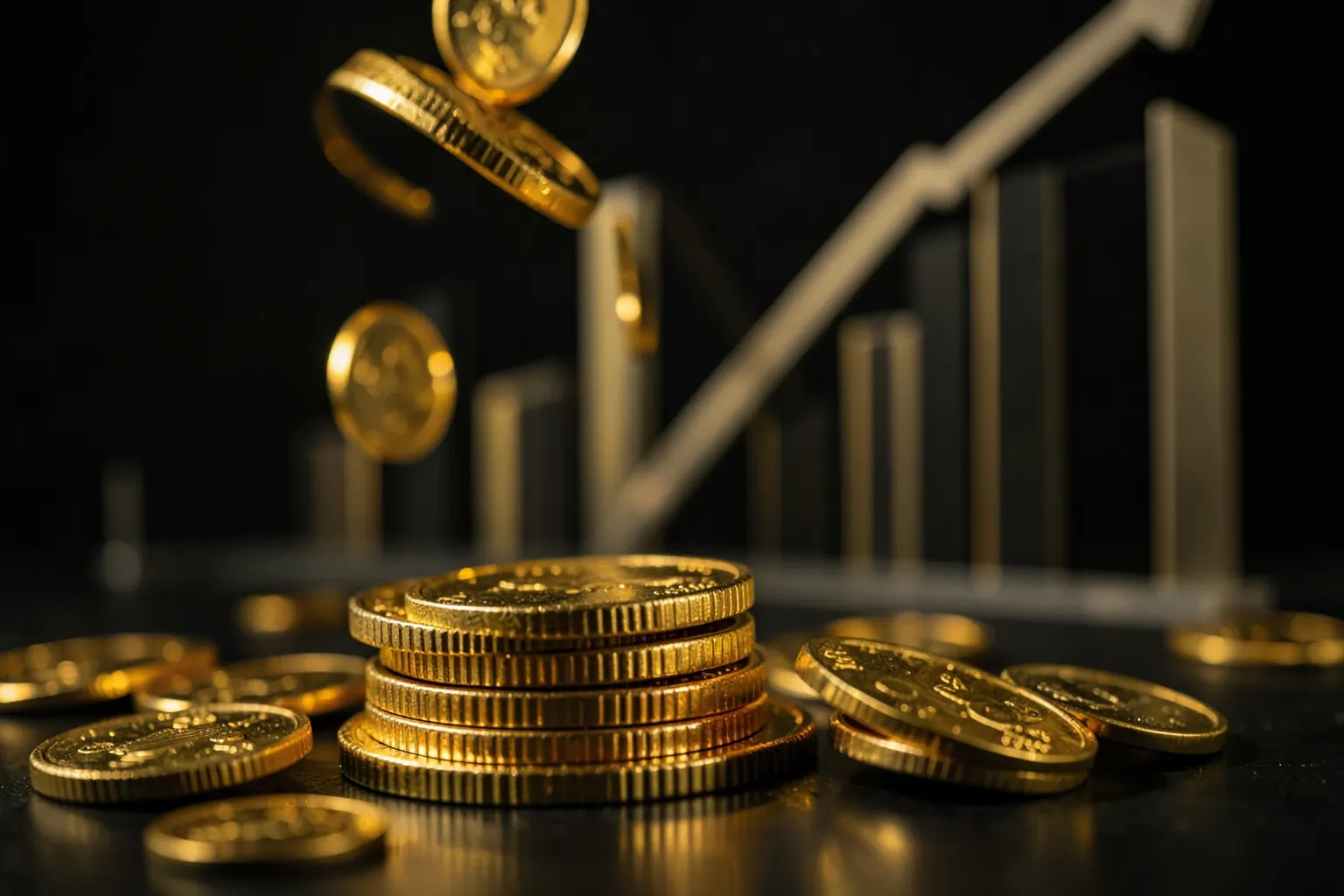 Gráfico de barras ascendente com moedas de ouro caindo ao redor, em fundo escuro com luz lateral.