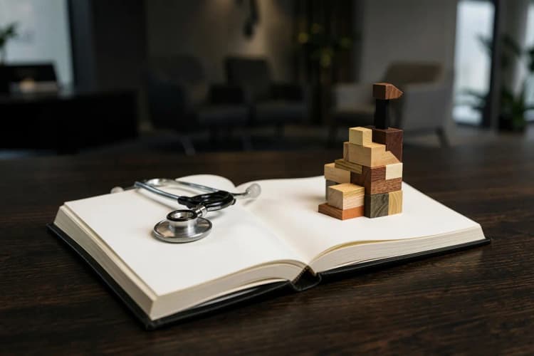 Um estetoscópio sobre um livro aberto com páginas em branco, ao lado de um gráfico de crescimento estilizado feito de blocos de madeira empilhados, em uma mesa de madeira escura.