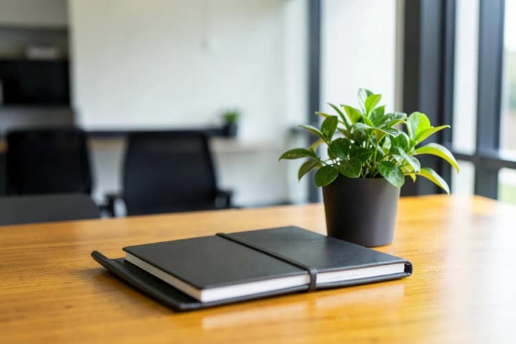 Um notebook fechado sobre uma mesa de madeira, com um pequeno vaso de planta verde ao lado, em um ambiente de escritório limpo e moderno.