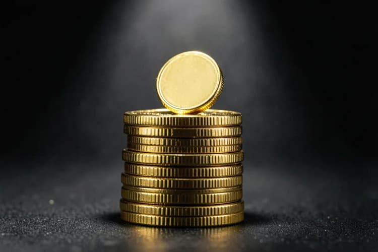 Um conjunto de moedas de ouro empilhadas em diferentes alturas, com uma única moeda brilhante no topo, sobre um fundo escuro e texturizado.