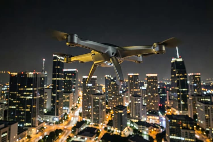 Um drone moderno pairando sobre uma paisagem urbana noturna com luzes brilhantes, visto de baixo para cima.