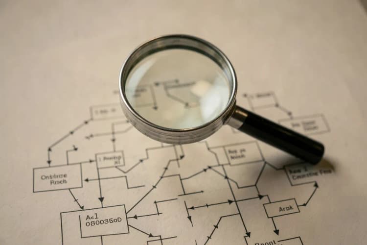 Uma lupa examinando um diagrama de fluxo de processo com setas e caixas.