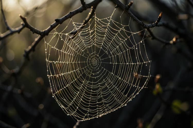 Uma teia de aranha com gotas de orvalho brilhando sob a luz.