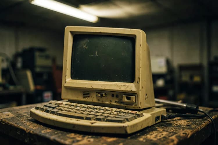 Um computador antigo com uma tela em branco e um teclado empoeirado.