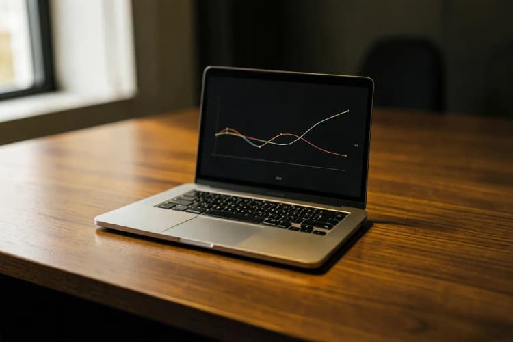 Um laptop exibindo um gráfico de desempenho em uma mesa de escritório moderna, com luz natural entrando pela janela.