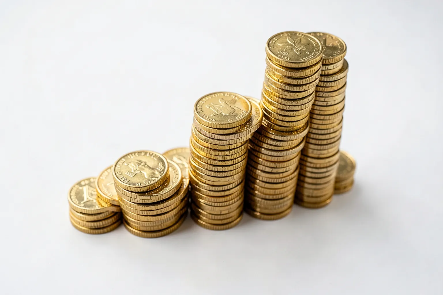 Um gráfico de barras ascendente com moedas de ouro empilhadas ao lado, em um fundo branco e limpo.